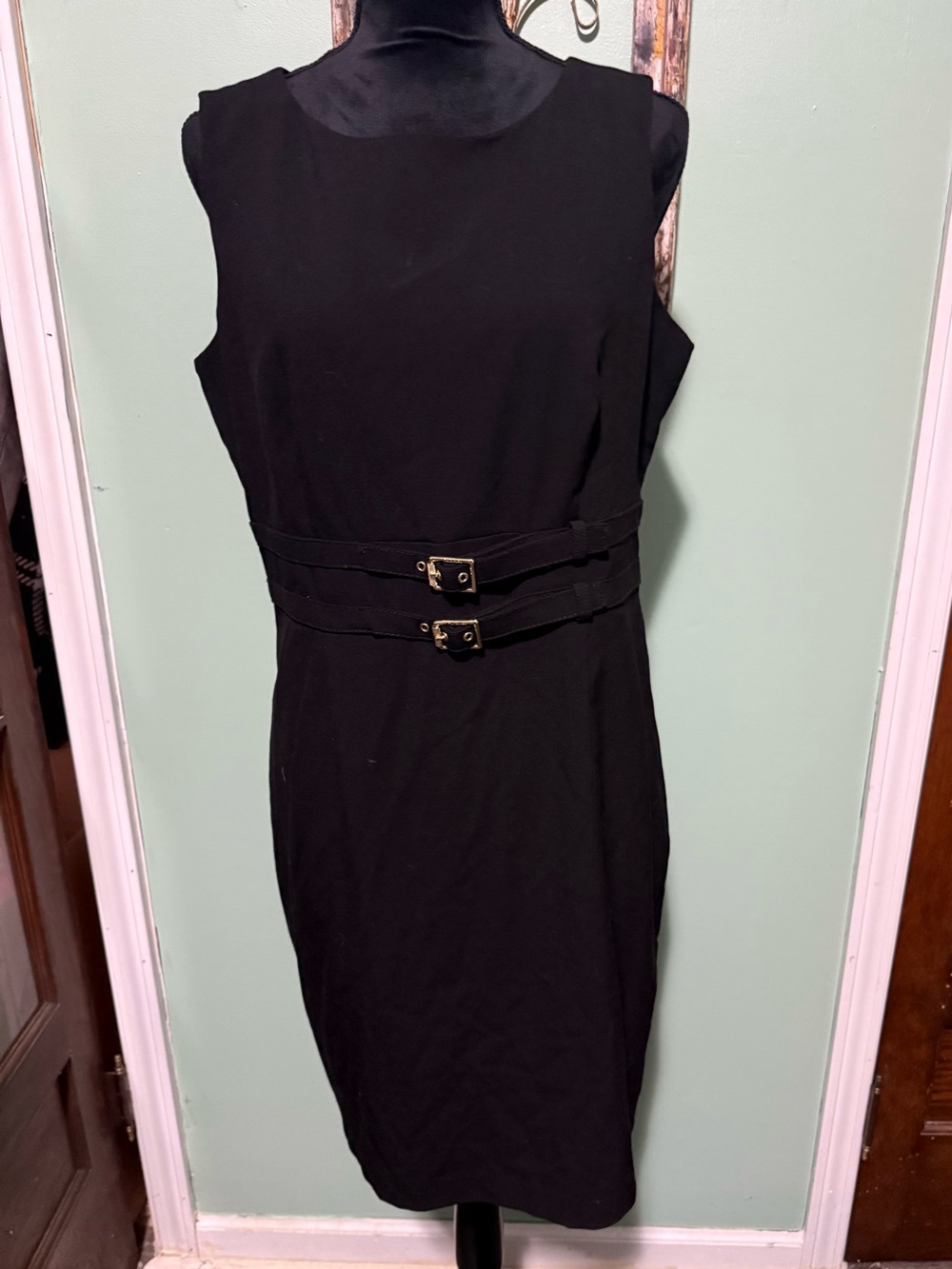 Calvin Klein Black double belted Sleeveless sheath Dress 12